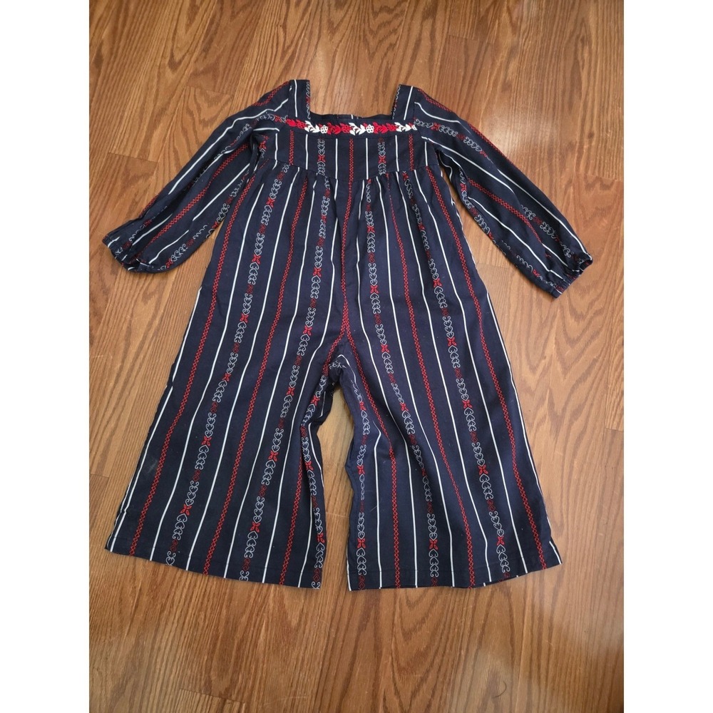 Janie and Jack Navy Blue Embroidered Stripe Wide Leg Jumpsuit Kids Size 4